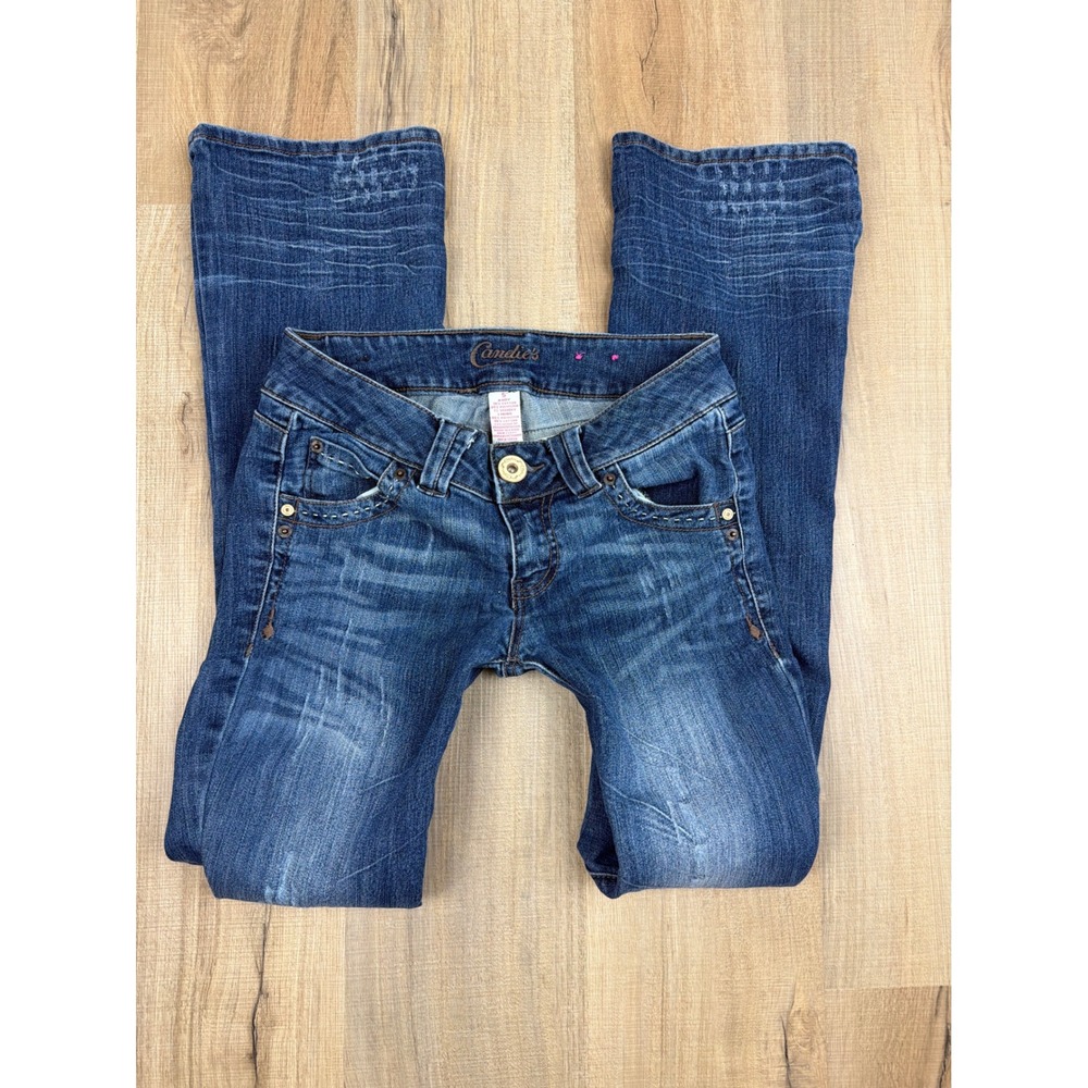 Candies Y2K Low Rise Flare Jeans Medium Wash Distressed Embroidered Size 5